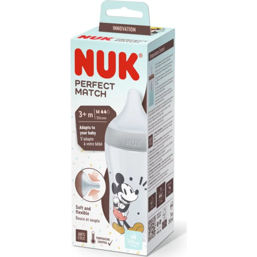NUK Perfect Match bočica, 260 ml, 3+m, sort Mickey i Minnie